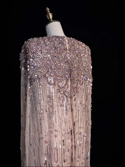 Funkelndes langes A-Linien-Abendkleid mit V-Ausschnitt, rosa Pailletten und Perlenbesatz am Oberteil, formelles Ballkleid N547