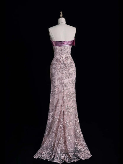 Niedliches, trägerloses, langes Ballkleid aus rosa Spitze, Abendkleid, semi-formelles Kleid N559