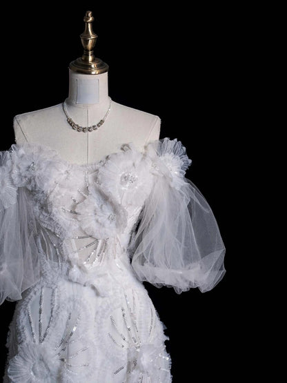 Prinzessinnen-Ballkleid, schulterfrei, Tüll mit Ärmeln, weiße Spitze, märchenhaftes Boho-Sommerbrautkleid N557