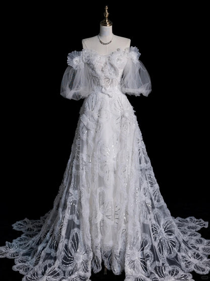 Prinzessinnen-Ballkleid, schulterfrei, Tüll mit Ärmeln, weiße Spitze, märchenhaftes Boho-Sommerbrautkleid N557