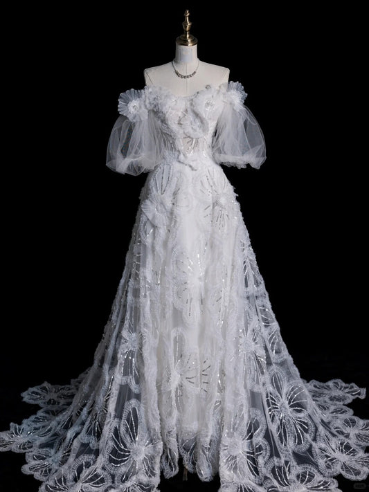 Princess Ball Gown Off The Shoulder Tulle With Sleeves White Lace Wedding Dress Fairytale Boho Summer Bridal Dresses N557