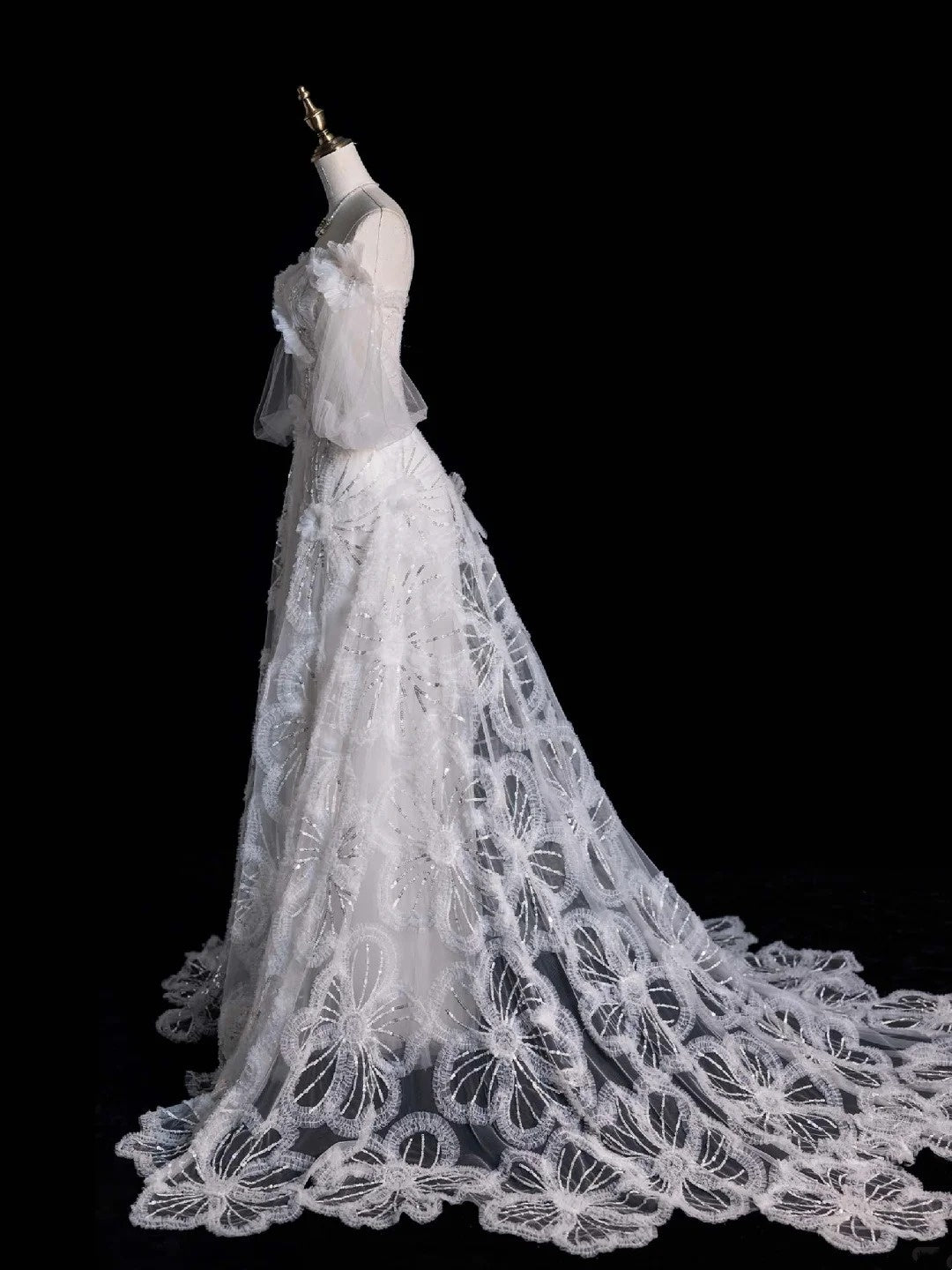 Prinzessinnen-Ballkleid, schulterfrei, Tüll mit Ärmeln, weiße Spitze, märchenhaftes Boho-Sommerbrautkleid N557