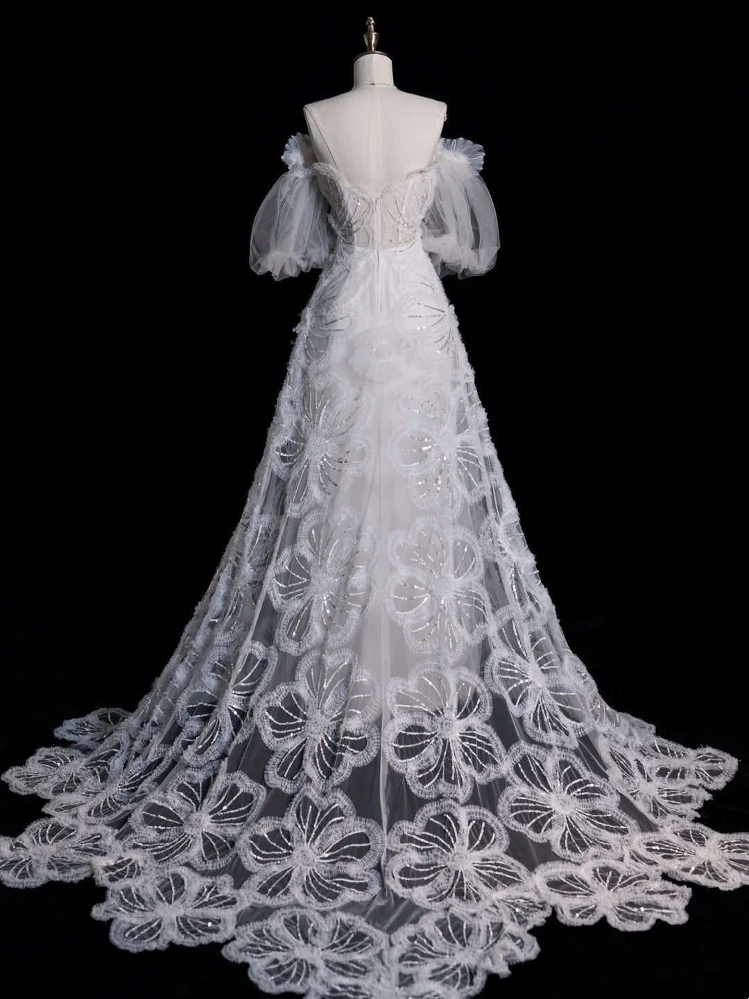 Prinzessinnen-Ballkleid, schulterfrei, Tüll mit Ärmeln, weiße Spitze, märchenhaftes Boho-Sommerbrautkleid N557