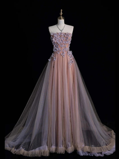 Niedliches, trägerloses, langes, rosafarbenes Tüll-Abendkleid mit Applikationen in A-Linie, formelles Abendkleid N548