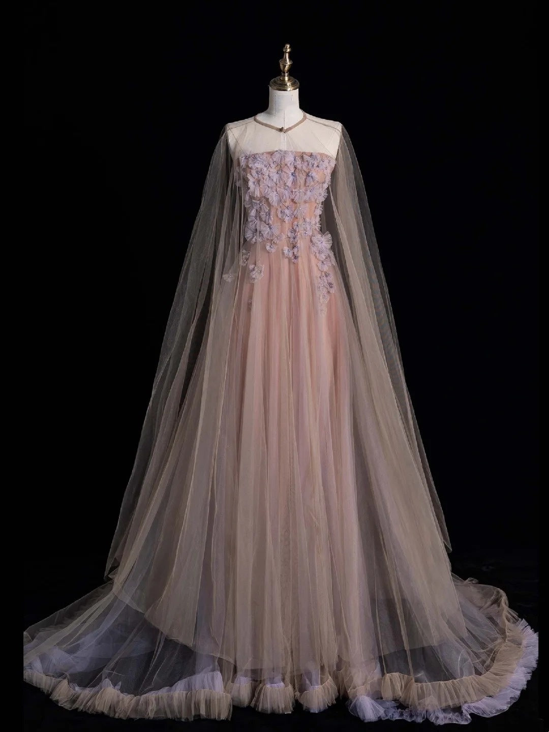 Niedliches, trägerloses, langes, rosafarbenes Tüll-Abendkleid mit Applikationen in A-Linie, formelles Abendkleid N548