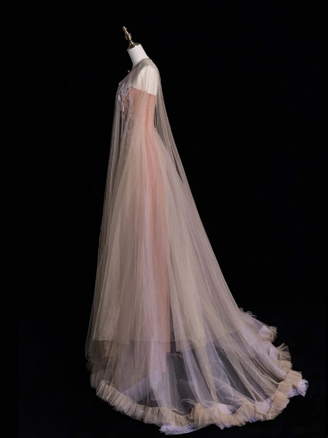 Niedliches, trägerloses, langes, rosafarbenes Tüll-Abendkleid mit Applikationen in A-Linie, formelles Abendkleid N548