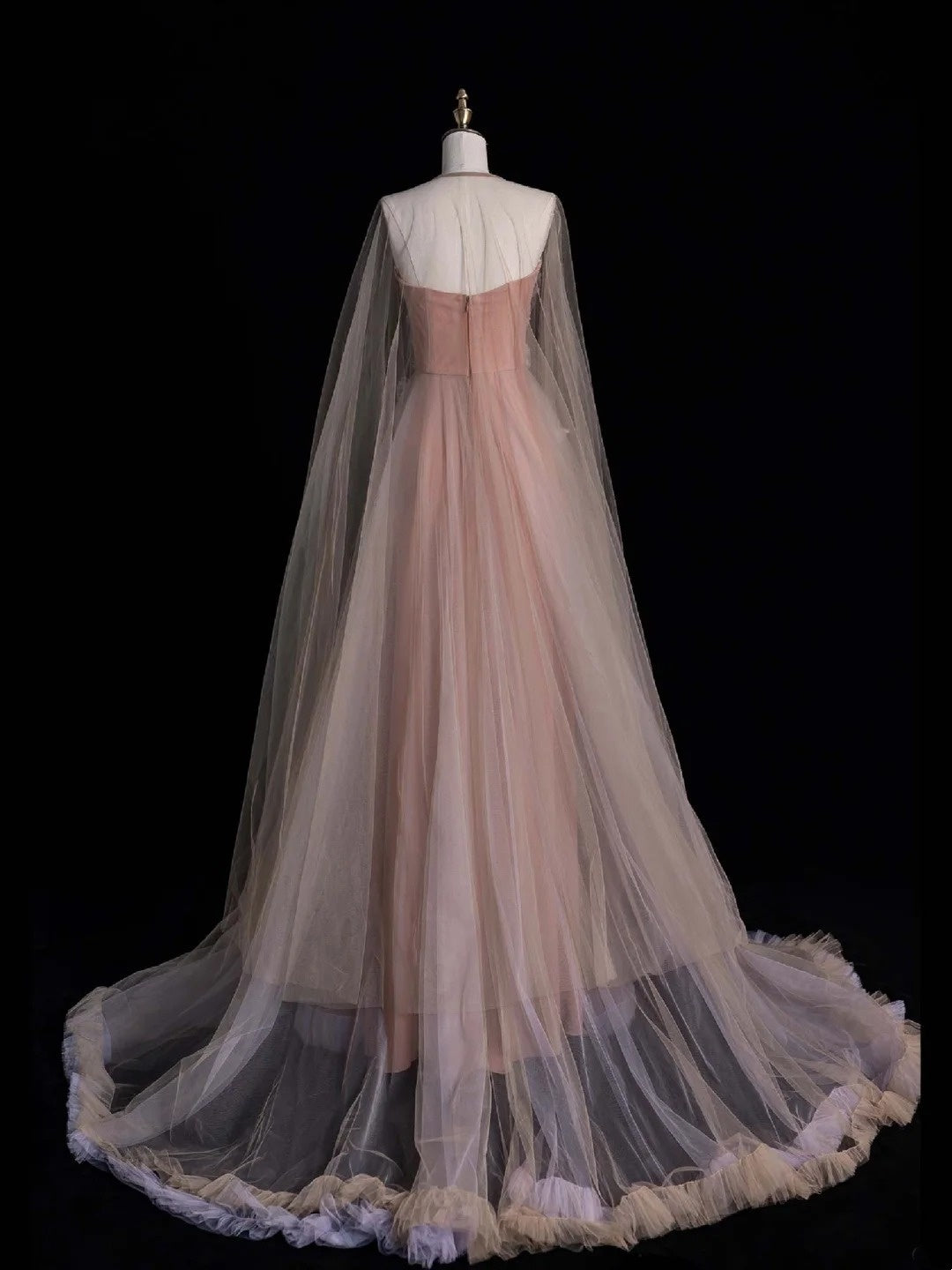 Niedliches, trägerloses, langes, rosafarbenes Tüll-Abendkleid mit Applikationen in A-Linie, formelles Abendkleid N548