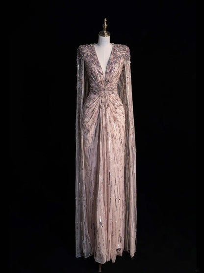 Funkelndes langes A-Linien-Abendkleid mit V-Ausschnitt, rosa Pailletten und Perlenbesatz am Oberteil, formelles Ballkleid N547