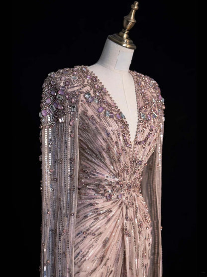 Funkelndes langes A-Linien-Abendkleid mit V-Ausschnitt, rosa Pailletten und Perlenbesatz am Oberteil, formelles Ballkleid N547