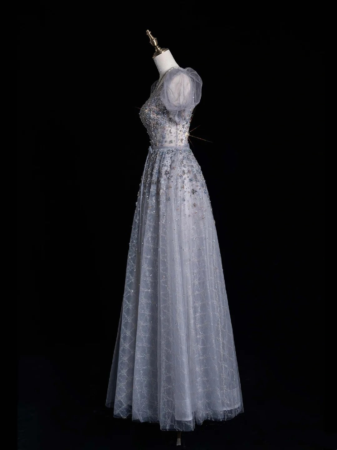 Elegantes Ballkleid mit U-Boot-Ausschnitt, silbergrau, aus Tüll, lang und kurzärmelig, für Schülerinnen und Mädchen, formelles Brautjungfernkleid N1037