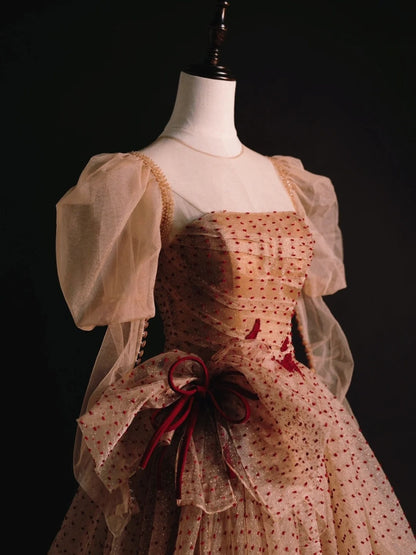 Elegantes, trägerloses Ballkleid aus Tüll mit Polka-Dots und langen Ärmeln – ideal für Schülerinnen und Mädchen, auch als formelles Brautjungfernkleid geeignet (Modell N1036).