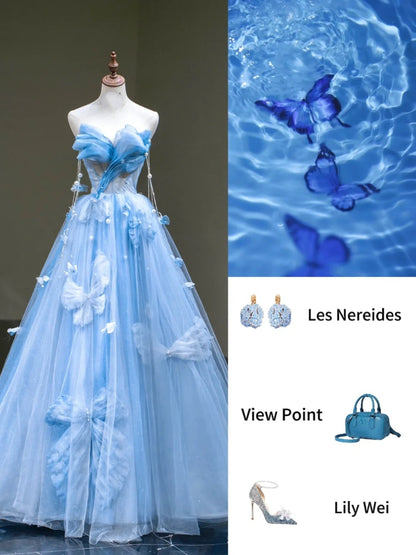 Cute Ball Gown Sweetheart Blue Tulle Long Sleeveless Prom Dresses For High School People Girls Formal Evening Dress N1038