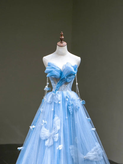 Cute Ball Gown Sweetheart Blue Tulle Long Sleeveless Prom Dresses For High School People Girls Formal Evening Dress N1038