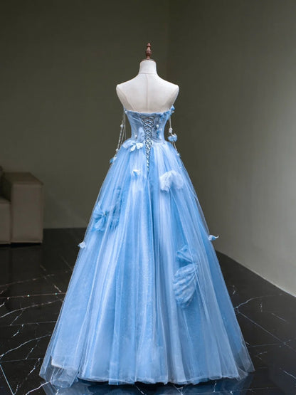 Cute Ball Gown Sweetheart Blue Tulle Long Sleeveless Prom Dresses For High School People Girls Formal Evening Dress N1038