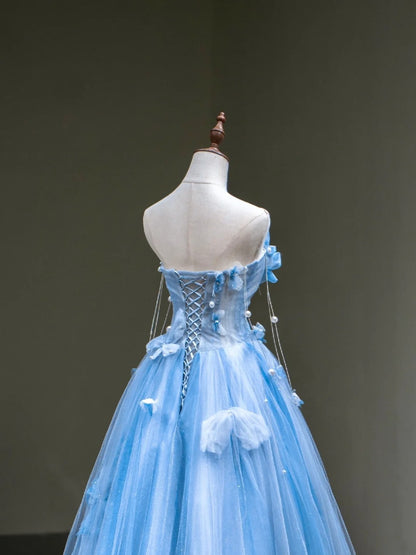 Cute Ball Gown Sweetheart Blue Tulle Long Sleeveless Prom Dresses For High School People Girls Formal Evening Dress N1038