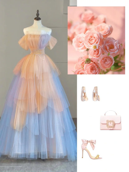 Robe de bal bustier rose et bleue en tulle, longue et ravissante, idéale pour les lycéennes et les jeunes filles (N1039)