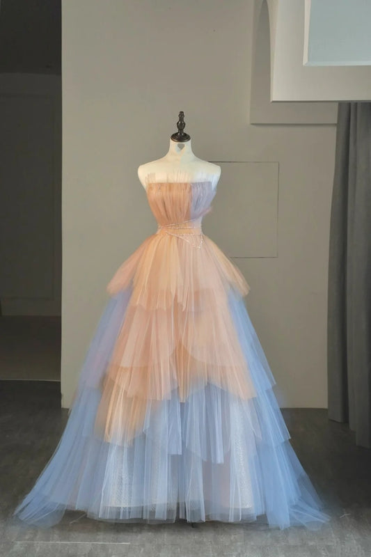 Cute Ball Gown Strapless Pink Blue Tulle Long Prom Dresses For High School People Girls Formal Evening Dress N1039