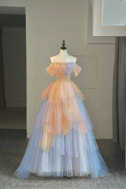 Robe de bal bustier rose et bleue en tulle, longue et ravissante, idéale pour les lycéennes et les jeunes filles (N1039)