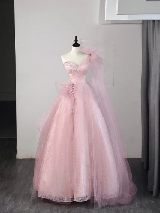 Modest Ball Gown One Shoulder Tulle Pink Long Prom Dresses For High School People Girls Formal Bridesmaid Dress N1041