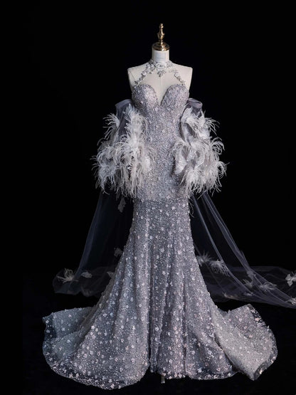 Bezauberndes Meerjungfrauen-Abendkleid mit hohem Kragen, silbergrau, mit Federumhang und Pailletten, langes Ballkleid, formelles Kleid N1042
