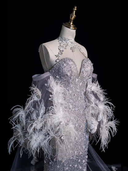 Bezauberndes Meerjungfrauen-Abendkleid mit hohem Kragen, silbergrau, mit Federumhang und Pailletten, langes Ballkleid, formelles Kleid N1042