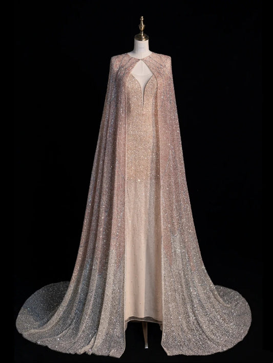 Robe de bal longue rose sirène à fines bretelles et sequins, avec cape, N1043