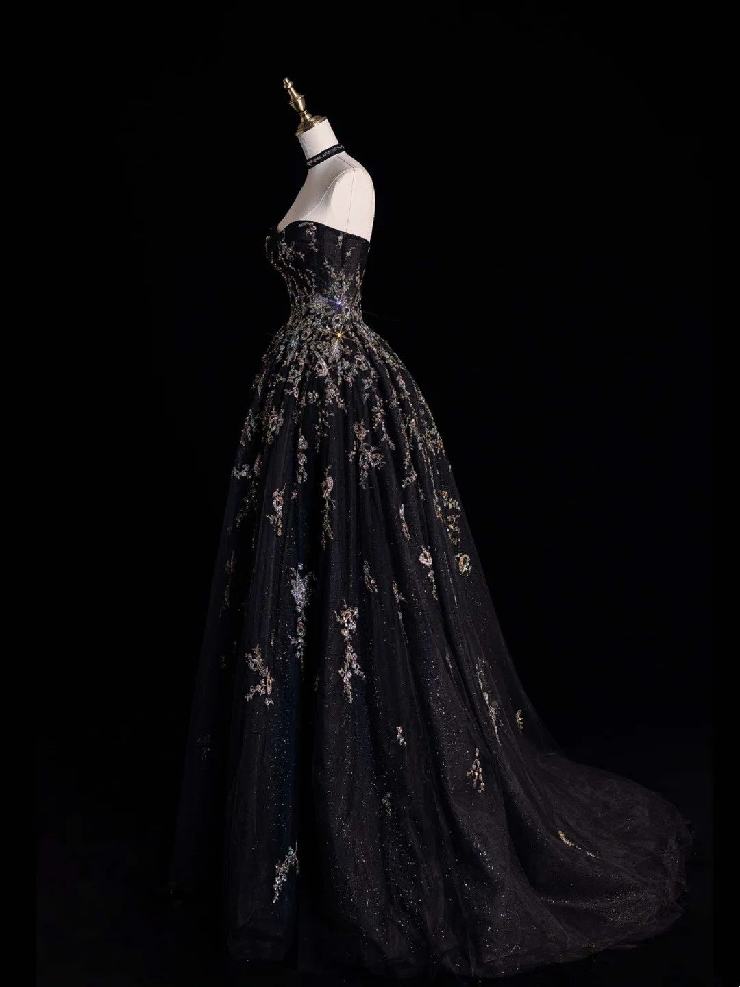 Modest Ball Gown Sweetheart Black Tulle Lace Long Prom Dresses For High School People Girls Formal Bridesmaid Dress N1035