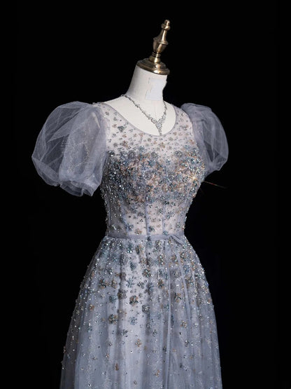 Elegantes Ballkleid mit U-Boot-Ausschnitt, silbergrau, aus Tüll, lang und kurzärmelig, für Schülerinnen und Mädchen, formelles Brautjungfernkleid N1037