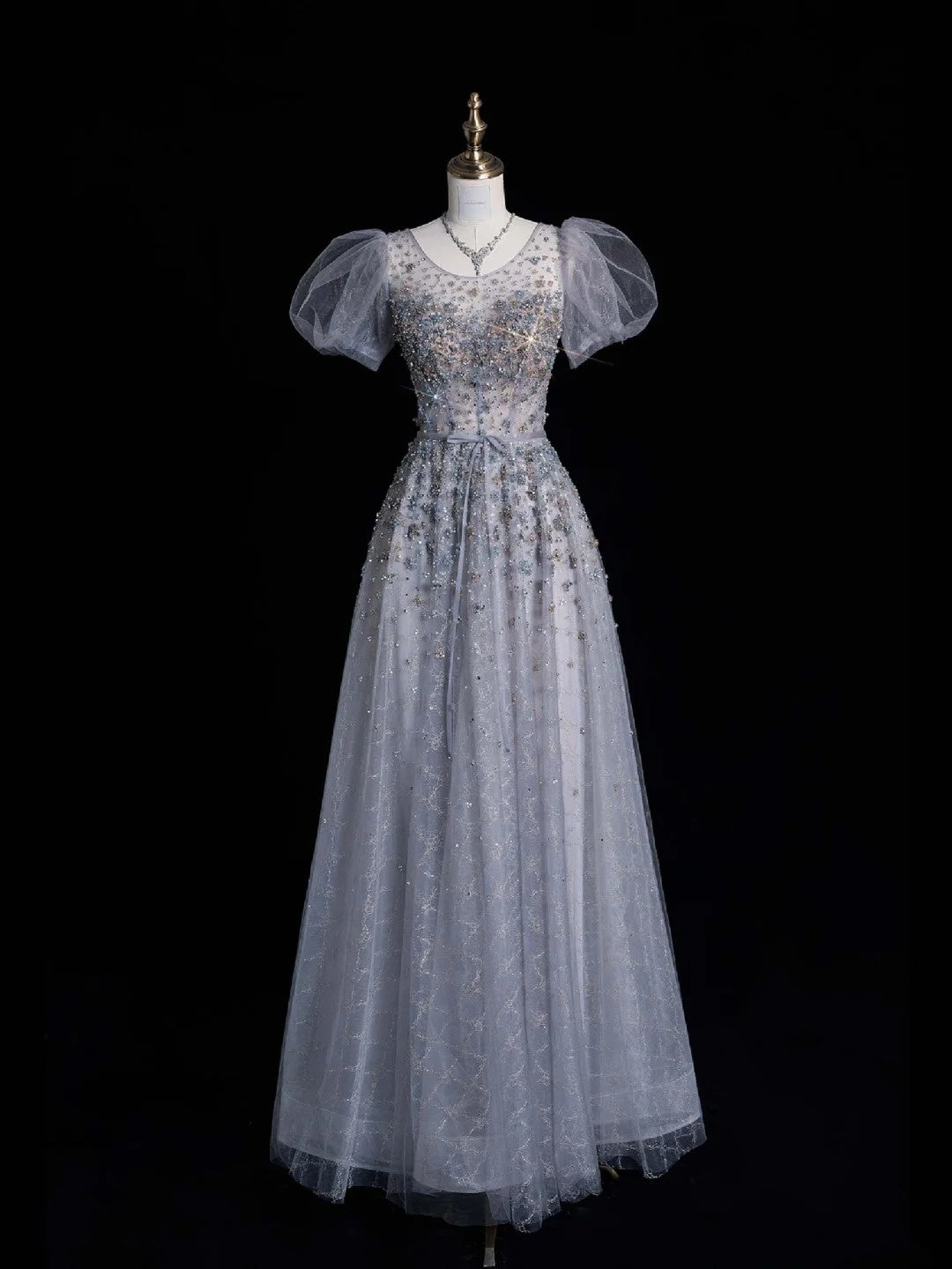 Elegantes Ballkleid mit U-Boot-Ausschnitt, silbergrau, aus Tüll, lang und kurzärmelig, für Schülerinnen und Mädchen, formelles Brautjungfernkleid N1037