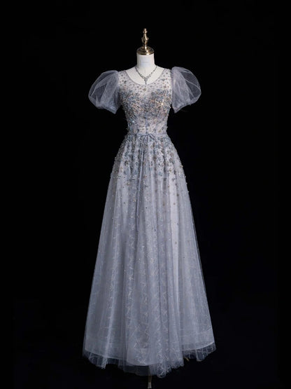 Elegantes Ballkleid mit U-Boot-Ausschnitt, silbergrau, aus Tüll, lang und kurzärmelig, für Schülerinnen und Mädchen, formelles Brautjungfernkleid N1037