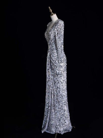 Bezauberndes Meerjungfrauen-Abendkleid mit V-Ausschnitt, silbergrau, gerafft und mit Pailletten besetzt, langes Ballkleid, formelles Kleid N1045