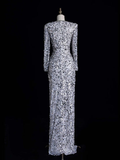 Bezauberndes Meerjungfrauen-Abendkleid mit V-Ausschnitt, silbergrau, gerafft und mit Pailletten besetzt, langes Ballkleid, formelles Kleid N1045