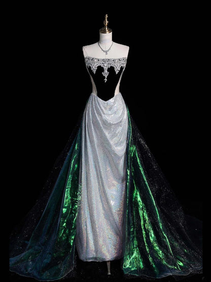 Robe de bal longue sirène bustier gris argenté ornée de perles, tenue de soirée formelle N1046