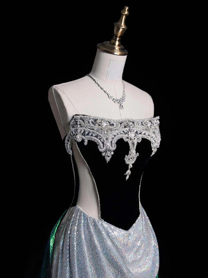 Robe de bal longue sirène bustier gris argenté ornée de perles, tenue de soirée formelle N1046