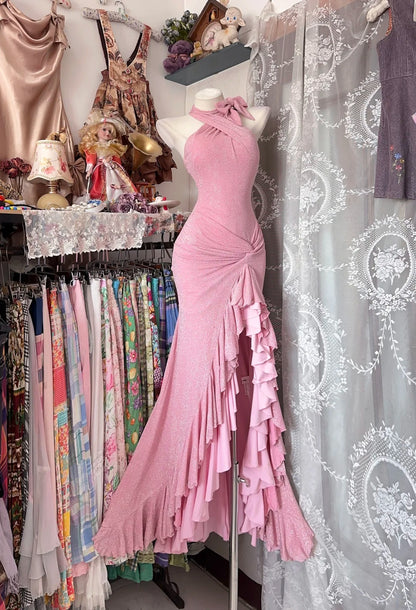 Bezauberndes Meerjungfrauen-Abendkleid mit hohem Kragen, Rüschen und Pailletten, langes Ballkleid, formelles Kleid N1044
