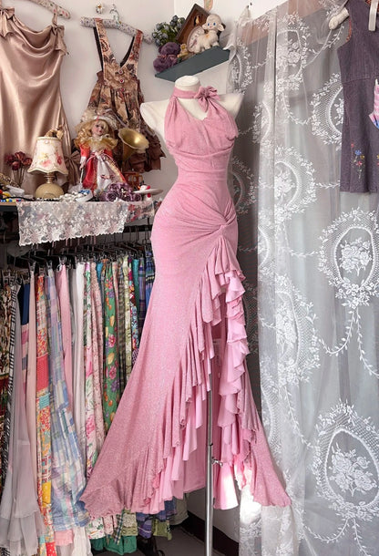 Bezauberndes Meerjungfrauen-Abendkleid mit hohem Kragen, Rüschen und Pailletten, langes Ballkleid, formelles Kleid N1044