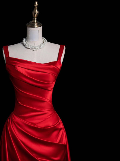 Robe de bal longue rouge satinée à col carré, style sirène unique, référence N1051
