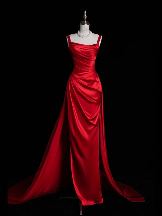 Robe de bal longue rouge satinée à col carré, style sirène unique, référence N1051