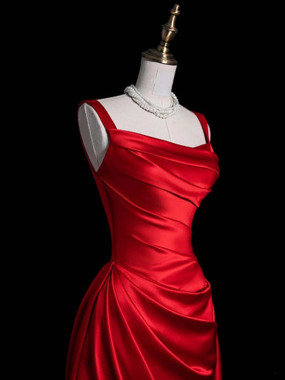 Robe de bal longue rouge satinée à col carré, style sirène unique, référence N1051