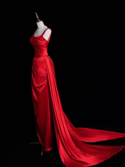 Robe de bal longue rouge satinée à col carré, style sirène unique, référence N1051