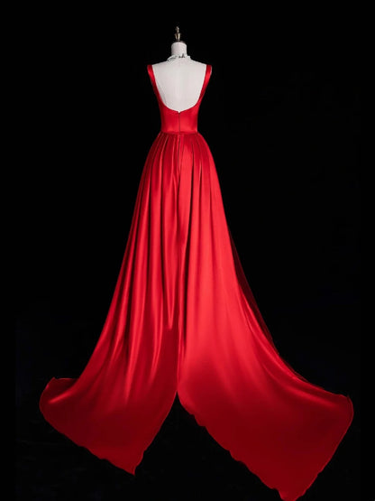 Robe de bal longue rouge satinée à col carré, style sirène unique, référence N1051