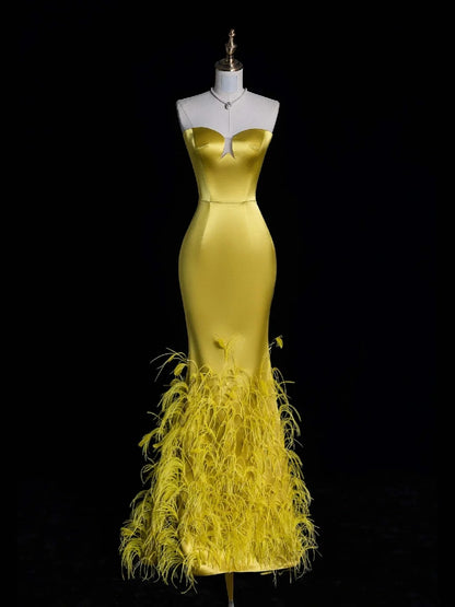 Einzigartiges, langes Meerjungfrauen-Abendkleid aus Satin mit Federn und goldenem Ausschnitt, formelles Kleid N1052