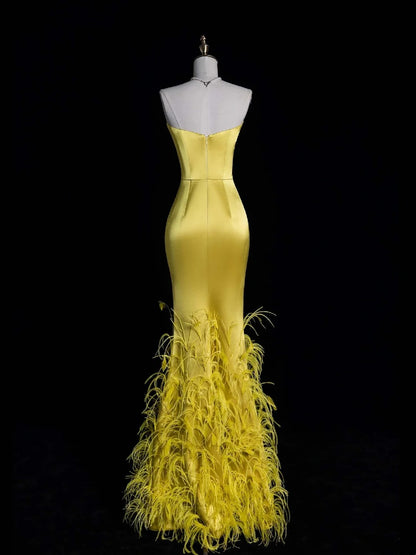 Einzigartiges, langes Meerjungfrauen-Abendkleid aus Satin mit Federn und goldenem Ausschnitt, formelles Kleid N1052