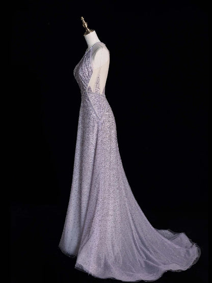 Robe de bal longue grise à sequins, élégante et trapèze, dos nu, pour adolescentes - Tenue de soirée formelle N1053