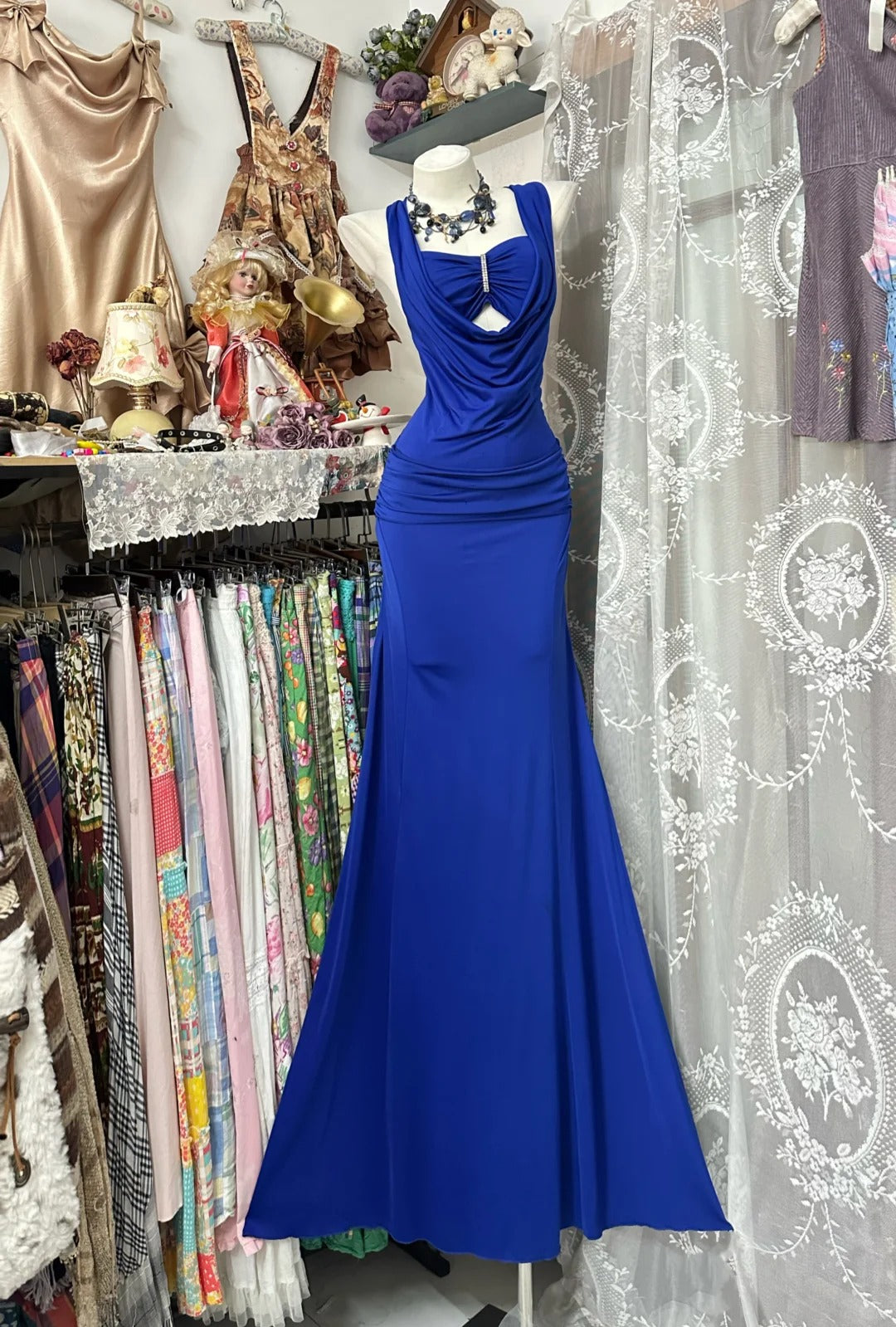Einzigartiges Meerjungfrauen-Abendkleid in Königsblau mit offenem Rücken, formelles Kleid N1055