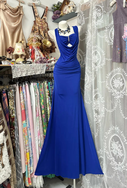 Einzigartiges Meerjungfrauen-Abendkleid in Königsblau mit offenem Rücken, formelles Kleid N1055