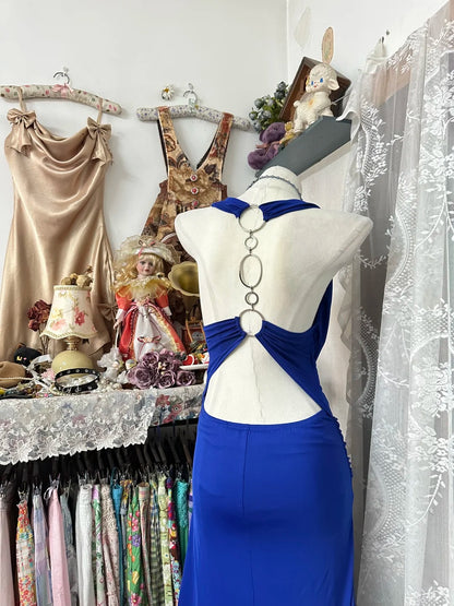 Einzigartiges Meerjungfrauen-Abendkleid in Königsblau mit offenem Rücken, formelles Kleid N1055