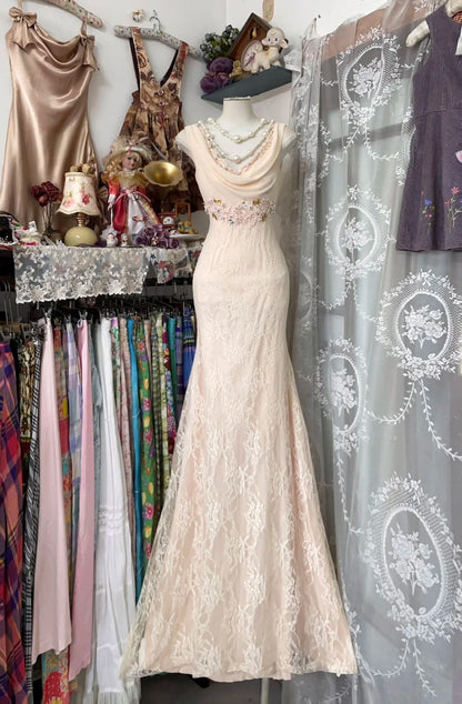 Einzigartiges Meerjungfrauen-Abendkleid aus rosa Spitze mit Wasserfallausschnitt, langes Ballkleid, formelles Kleid N1058