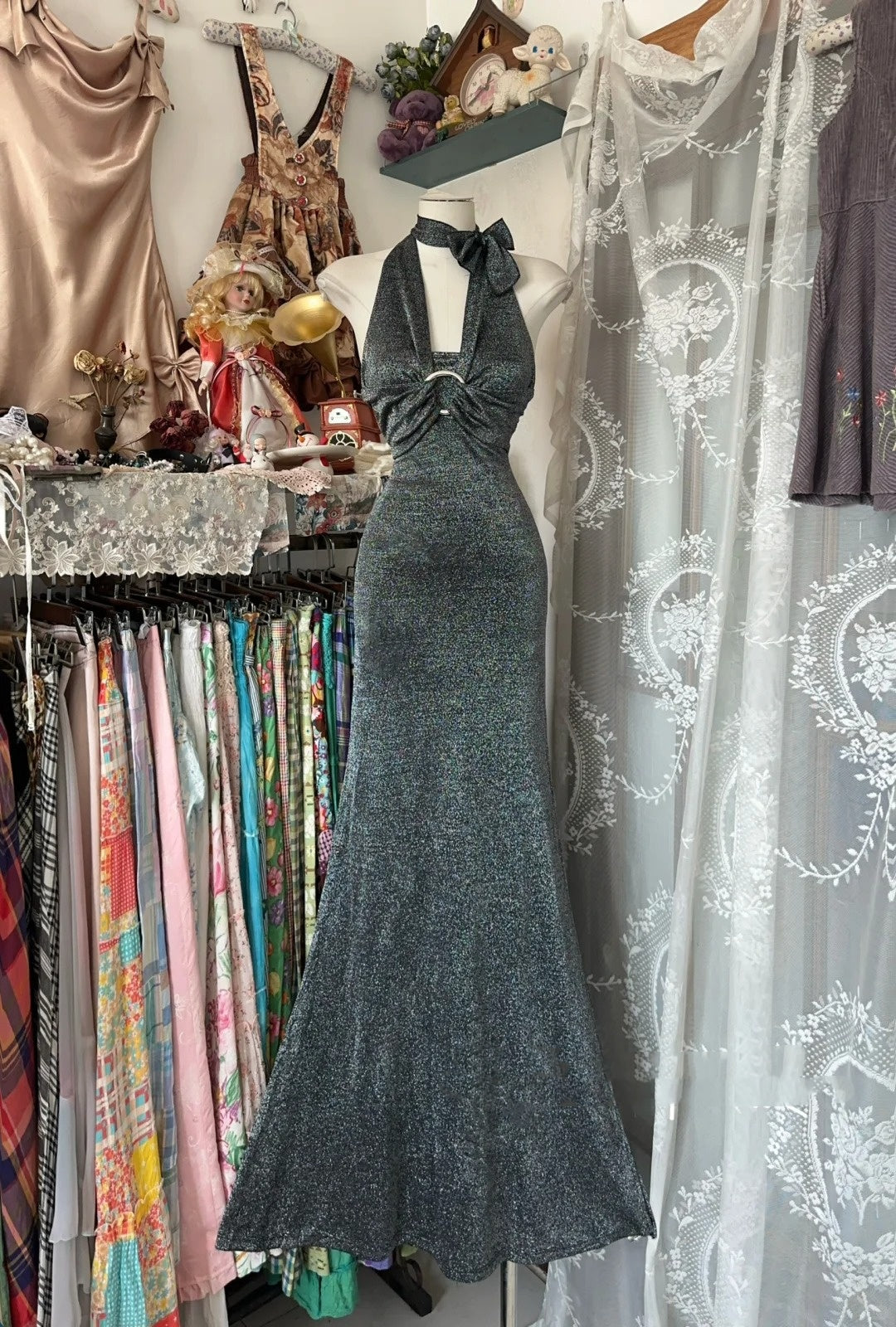 Retro Meerjungfrauen-Halterkleid, grau, lang, für Teenager, Abendgarderobe, Abschlusskleid N1061