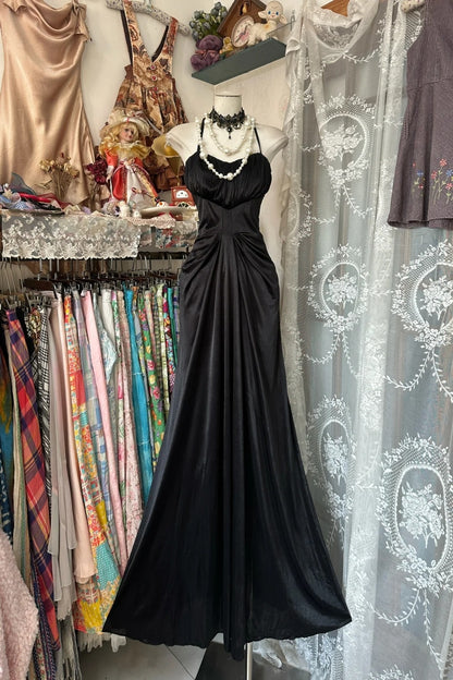 Elegantes, langes Meerjungfrauen-Halterkleid aus schwarzem Satin für Teenager, Abendgarderobe, formelles Kleid N1063